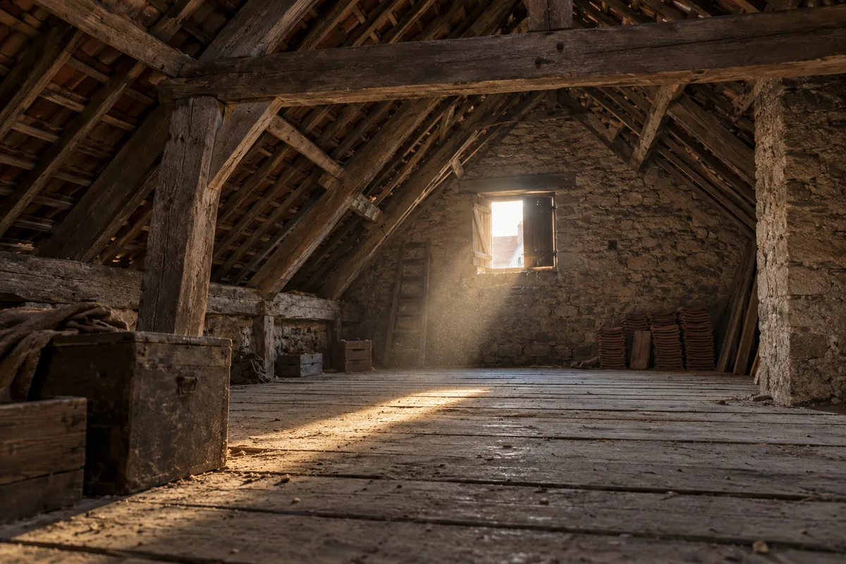 Comble ancien non aménagé au bois apparent, lumière rasante entrant par une ouverture de pignon