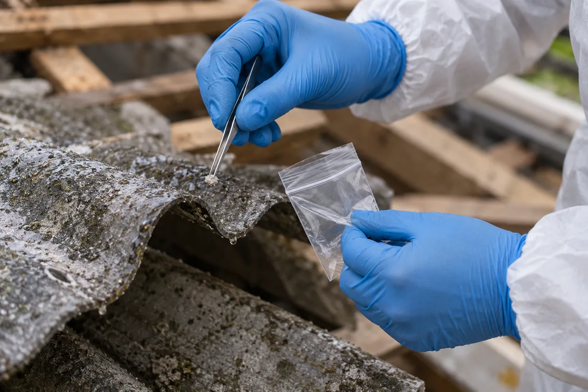 Mains gantées prélevant un fragment de plaque de couverture en fibres-ciment sur un chantier