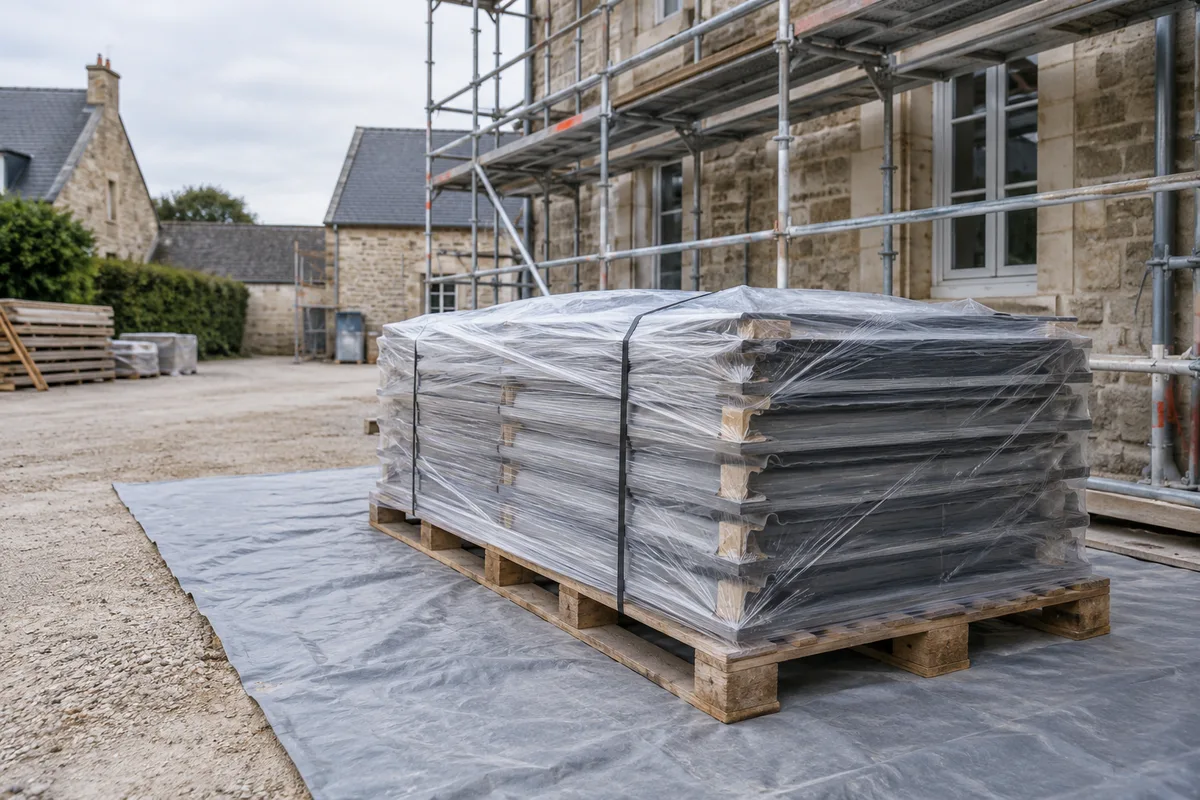 Plaques de couverture déposées, emballées et palettisées au pied d&rsquo;un échafaudage de rénovation