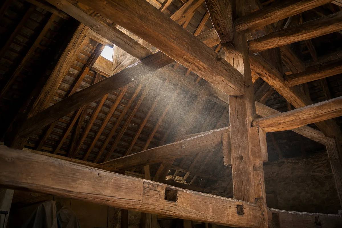 Charpente traditionnelle en bois d&rsquo;une maison de bourg de la Loire