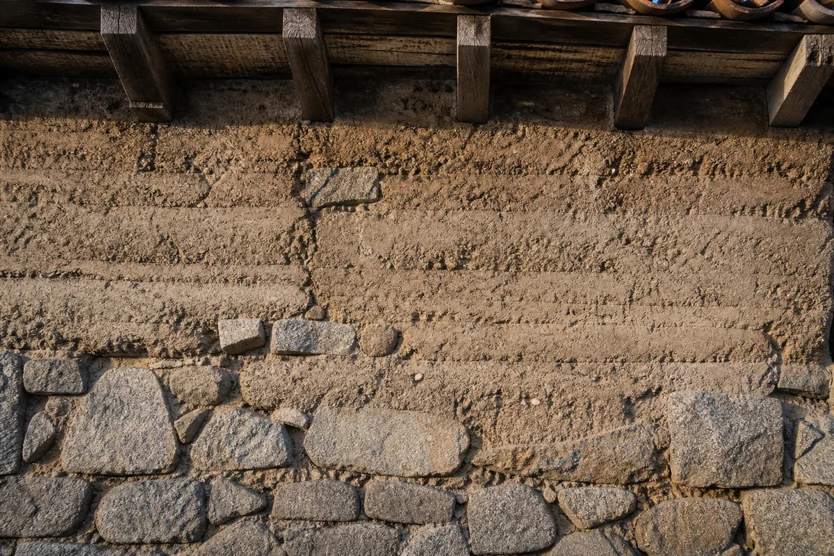 Mur en pisé et granit d’une maison ancienne de bourg près de Montbrison