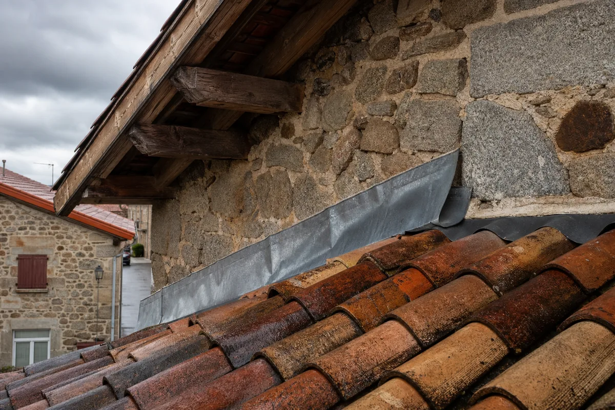 Bande porte-solin en zinc scellée entre un versant de tuiles et un pignon en pierre du Forez