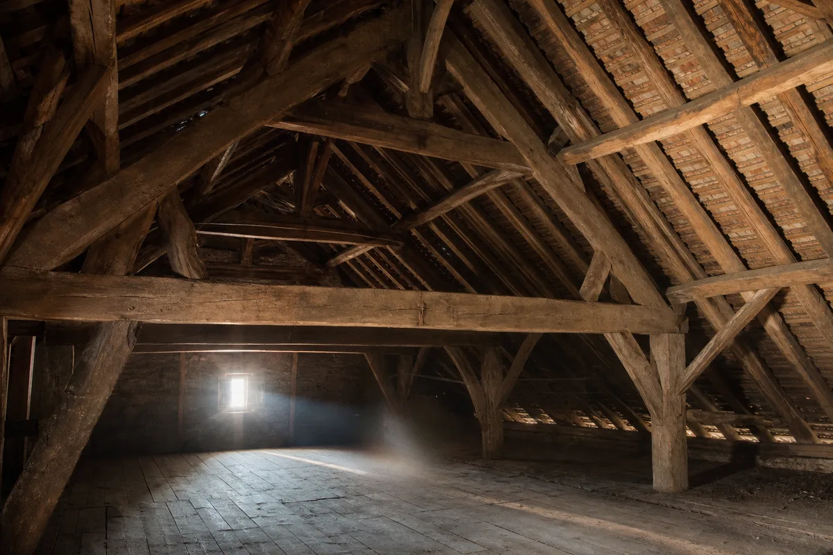 Charpente traditionnelle en chêne d&rsquo;une maison de bourg de la plaine du Forez, fermes et pannes apparentes sous une lumière d&rsquo;atelier contrastée