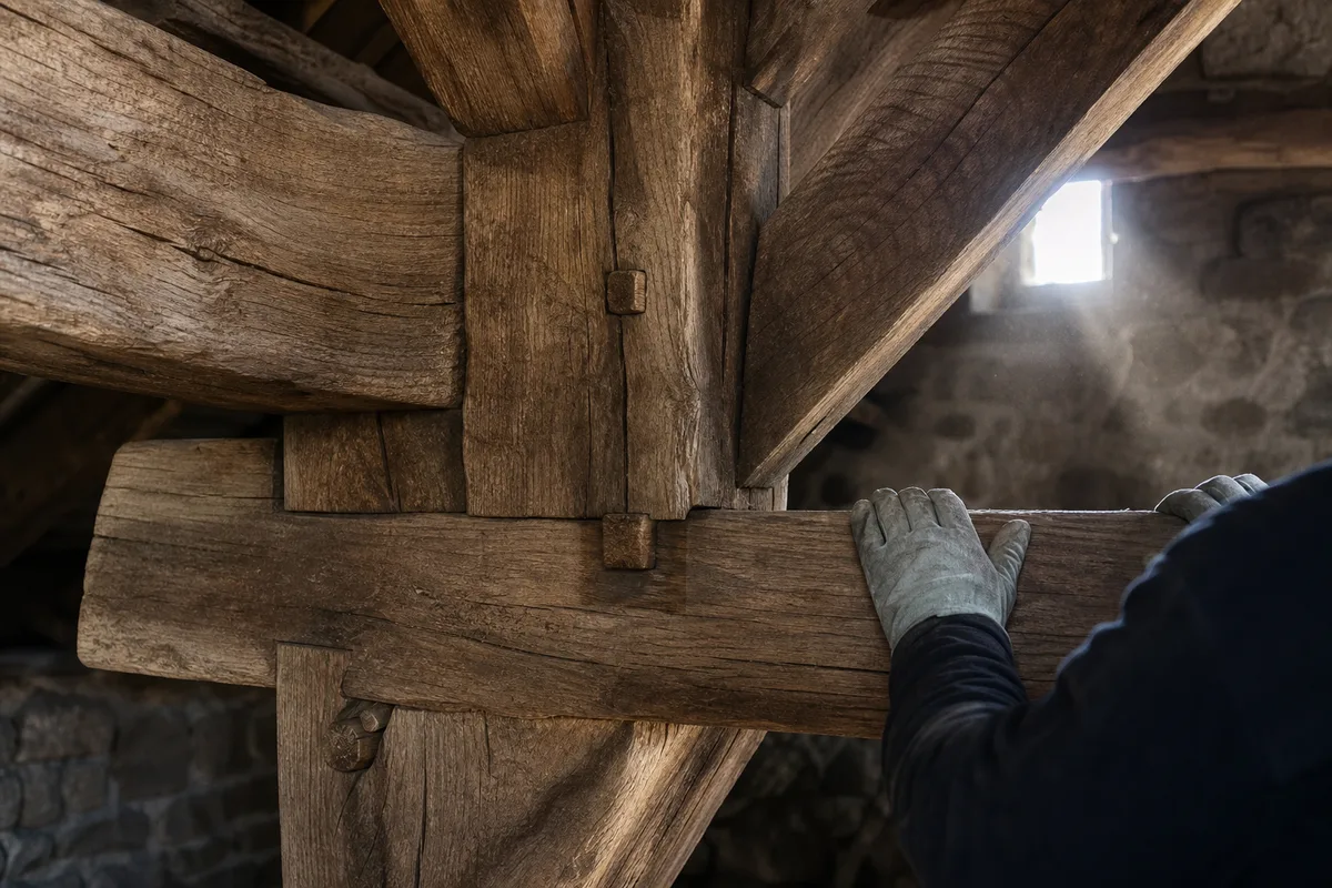 Charpente traditionnelle en bois assemblée à tenon et mortaise sous une toiture ancienne