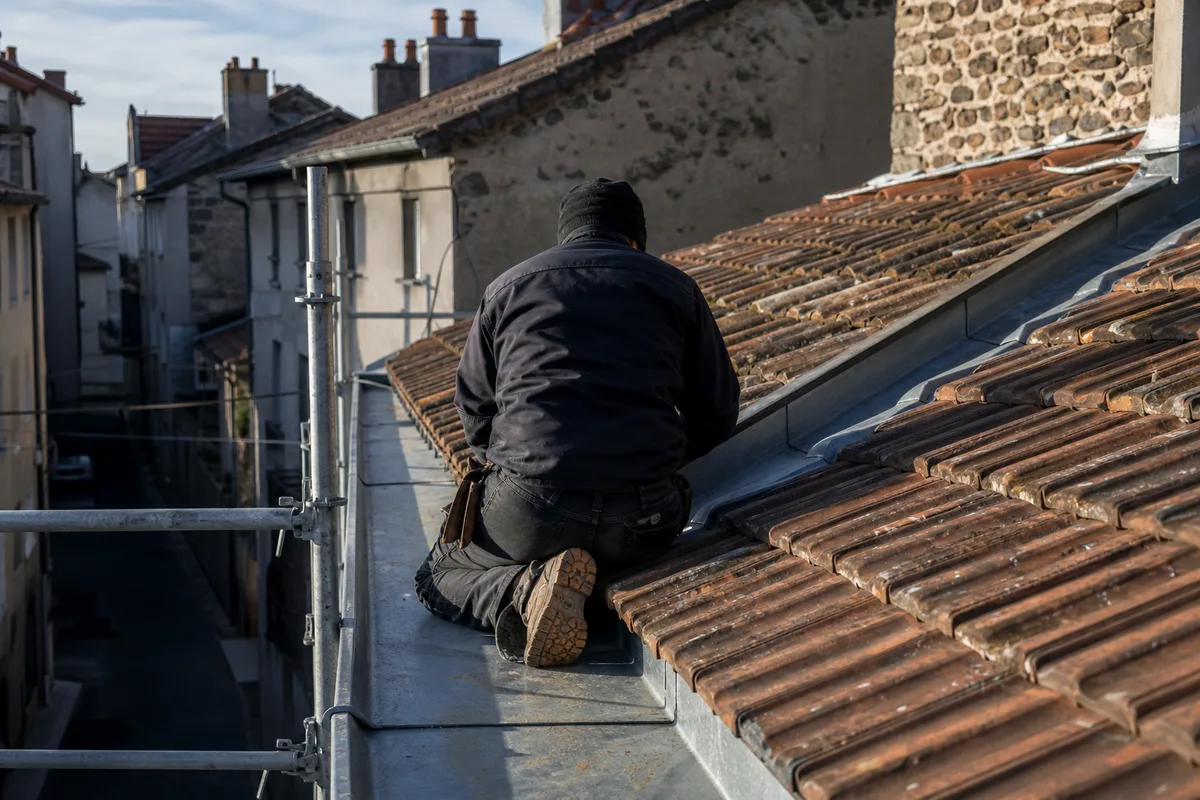 Artisan couvreur inspectant une zinguerie de chéneau sur un toit stéphanois