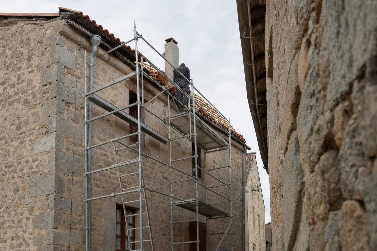 Échafaudage monté le long d’une façade étroite d’un bourg de la plaine du Forez