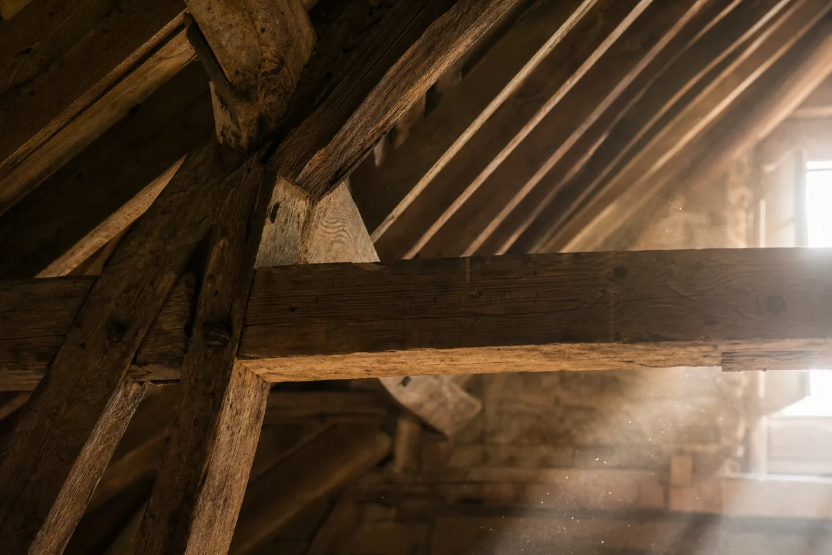 Charpente traditionnelle en sapin d’une maison de mineurs mitoyenne à Firminy, entrait et pannes apparents sous une lumière rasante
