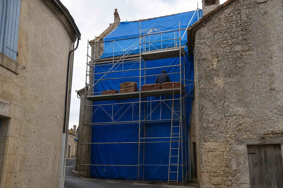 Échafaudage monté en rue étroite devant une maison ouvrière de la vallée de l’Ondaine, bâches de protection tendues entre deux pignons mitoyens