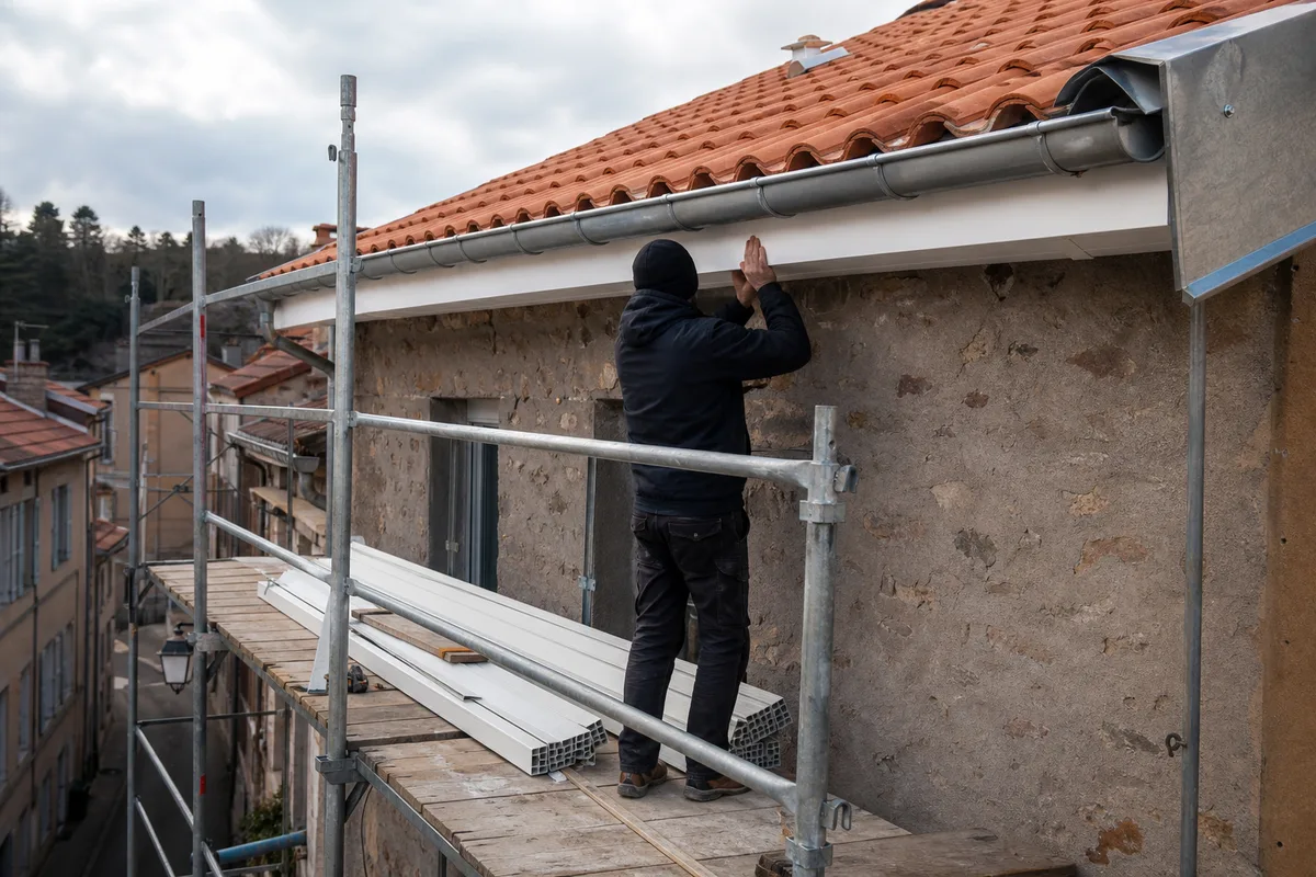 Chantier d’habillage de débord de toit avec échafaudage dans une rue étroite d’un bourg ligérien