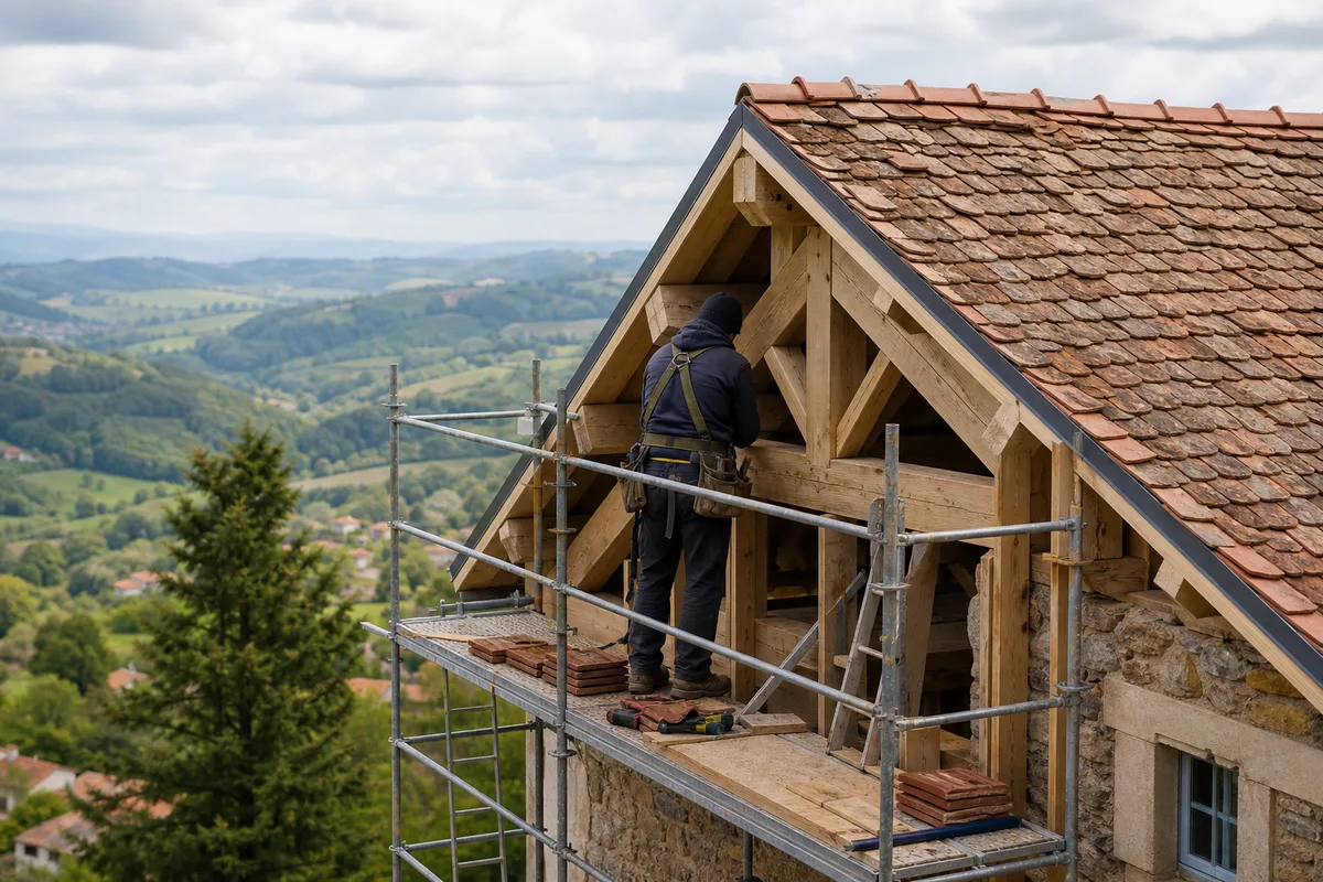Charpente traditionnelle en bois mise à nu pendant la réfection d'une toiture dans la Loire