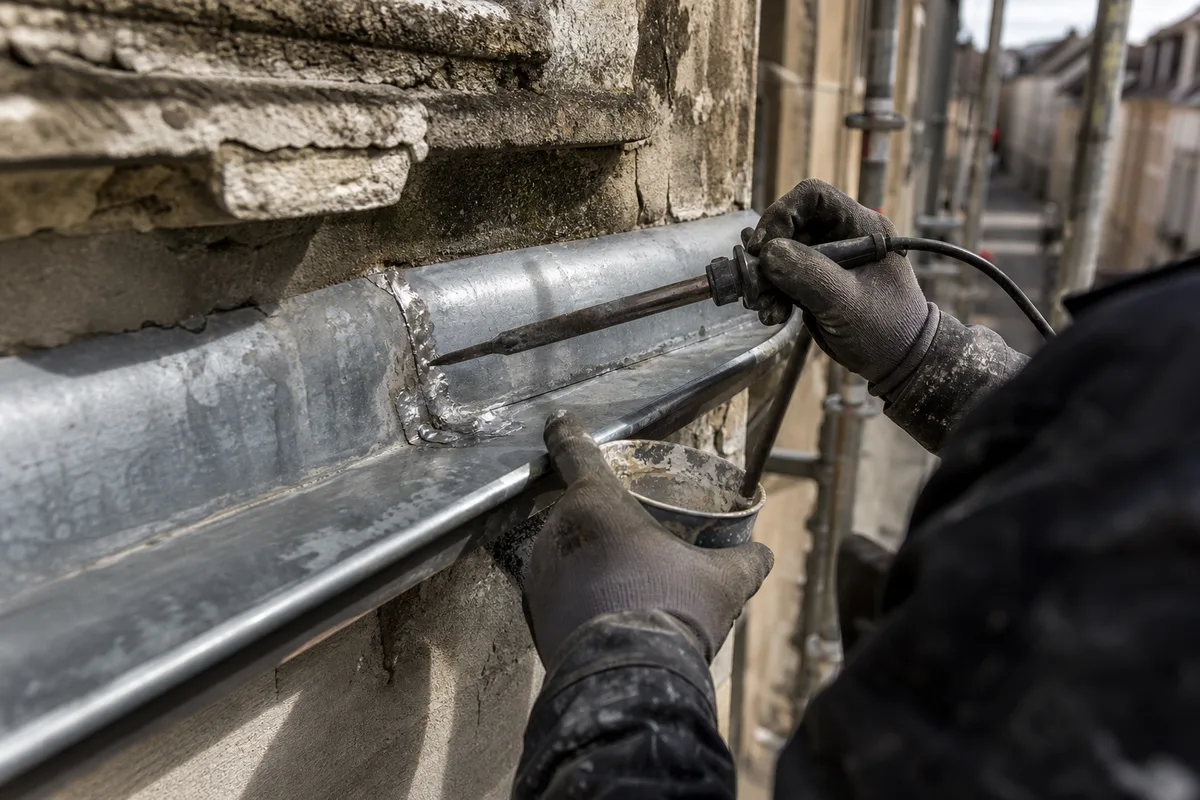 Mains d&rsquo;artisan reprenant une soudure de gouttière en zinc sur échafaudage, traces d&rsquo;humidité en façade