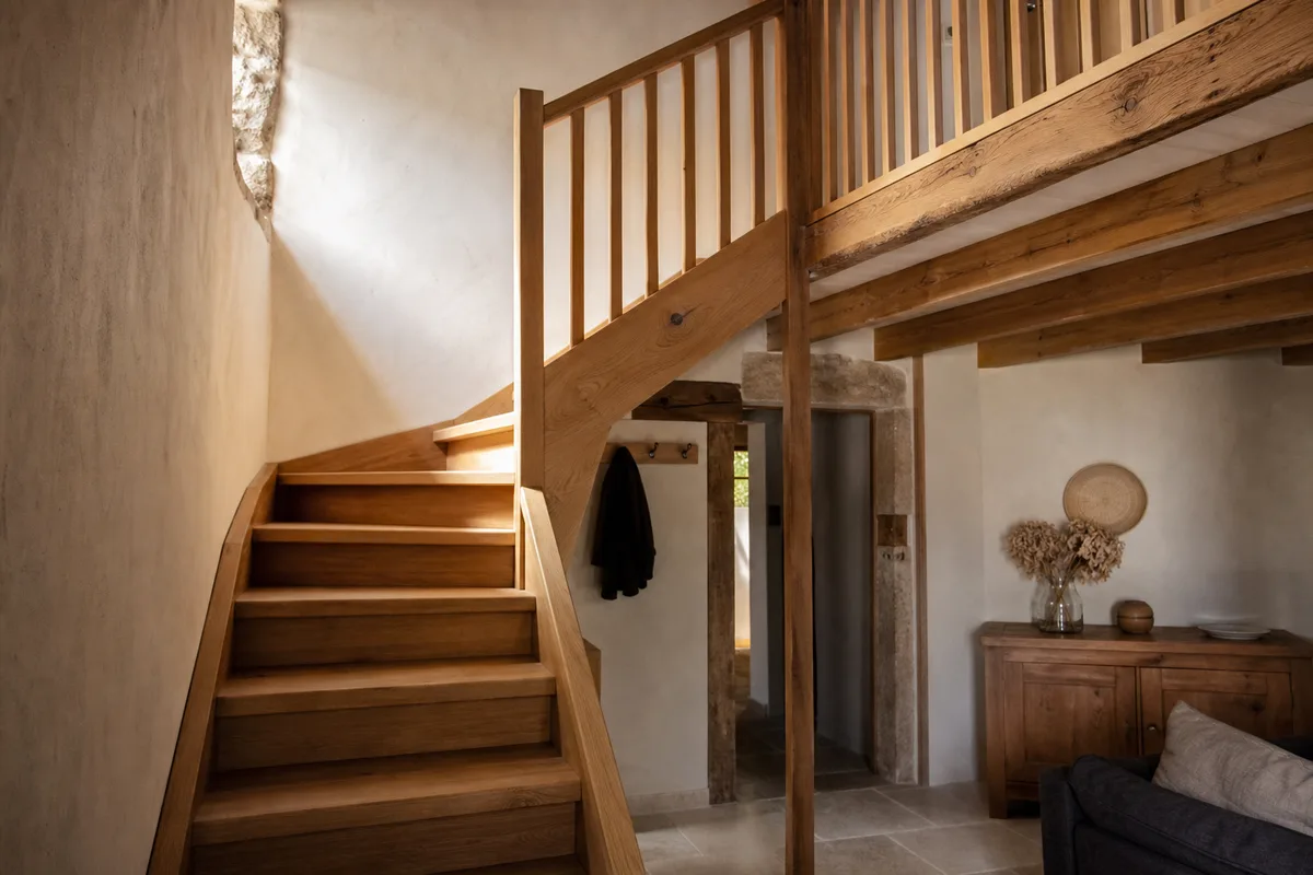 Garde-corps en bois d’une mezzanine avec escalier menant à l’étage intermédiaire