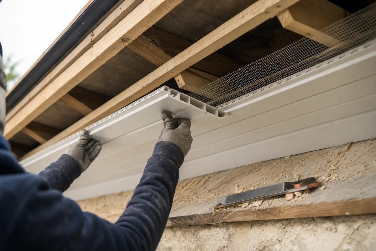 Détail de tasseaux et grille de ventilation sous une frisette PVC en cours de pose sur un chantier de toiture