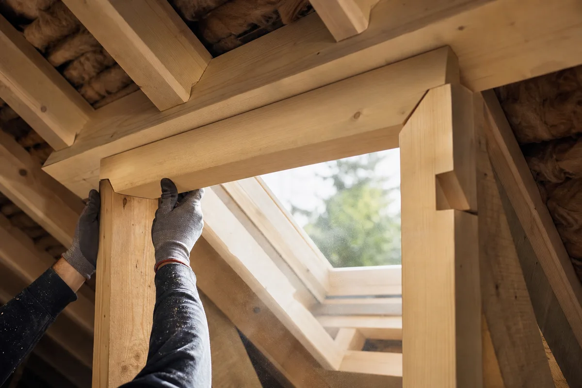 Chevêtre en bois encadrant l&rsquo;ouverture d&rsquo;une fenêtre de toit dans un comble en rénovation