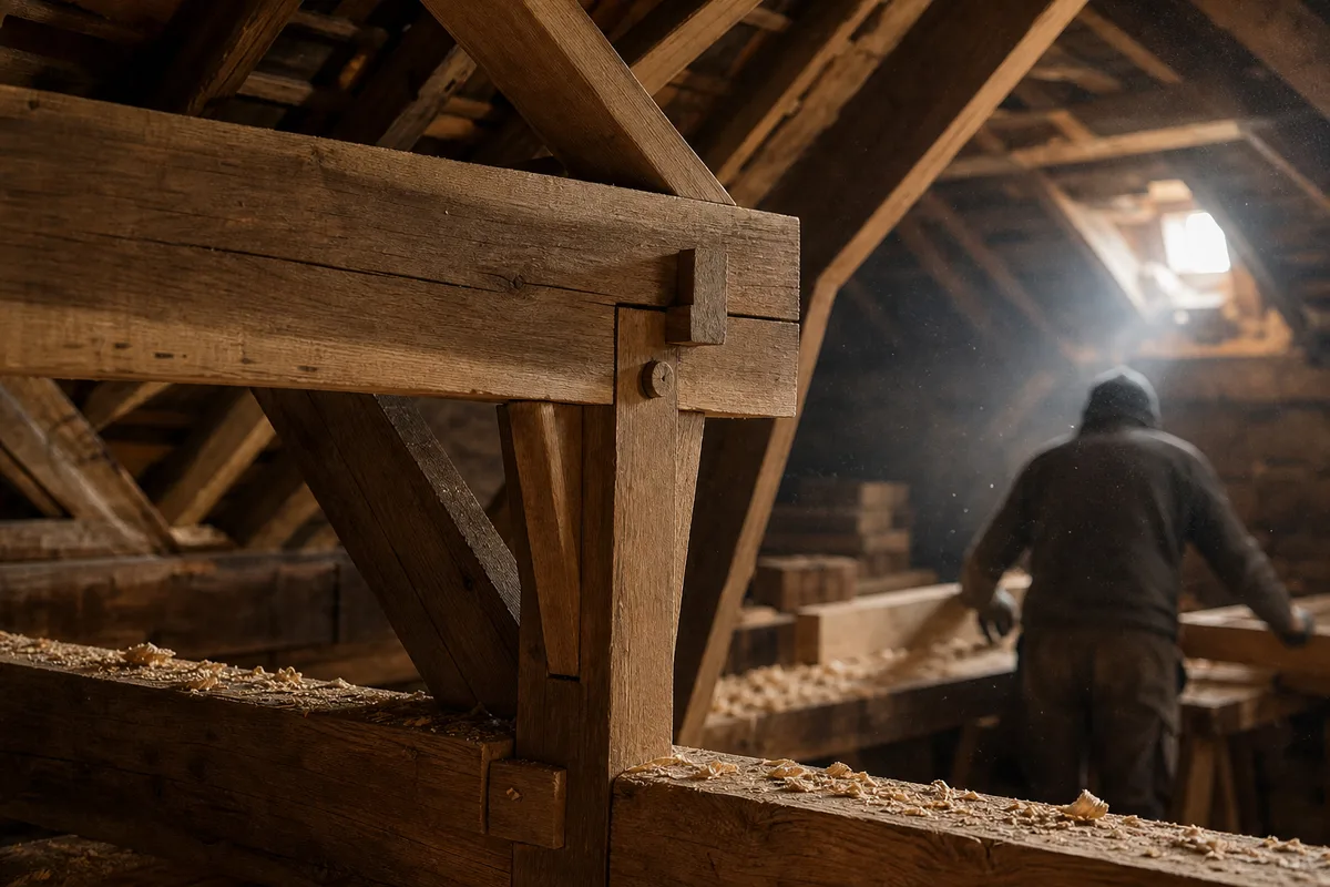Détail d&rsquo;une charpente traditionnelle en bois sous combles, pannes et chevrons assemblés, lumière naturelle par une lucarne