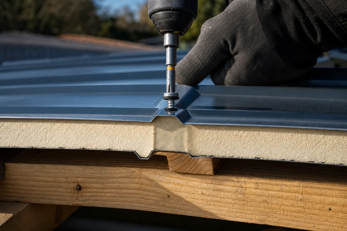 Pose d&rsquo;un panneau sandwich isolant sur une extension, vue rapprochée des pannes en bois et de la vis de fixation